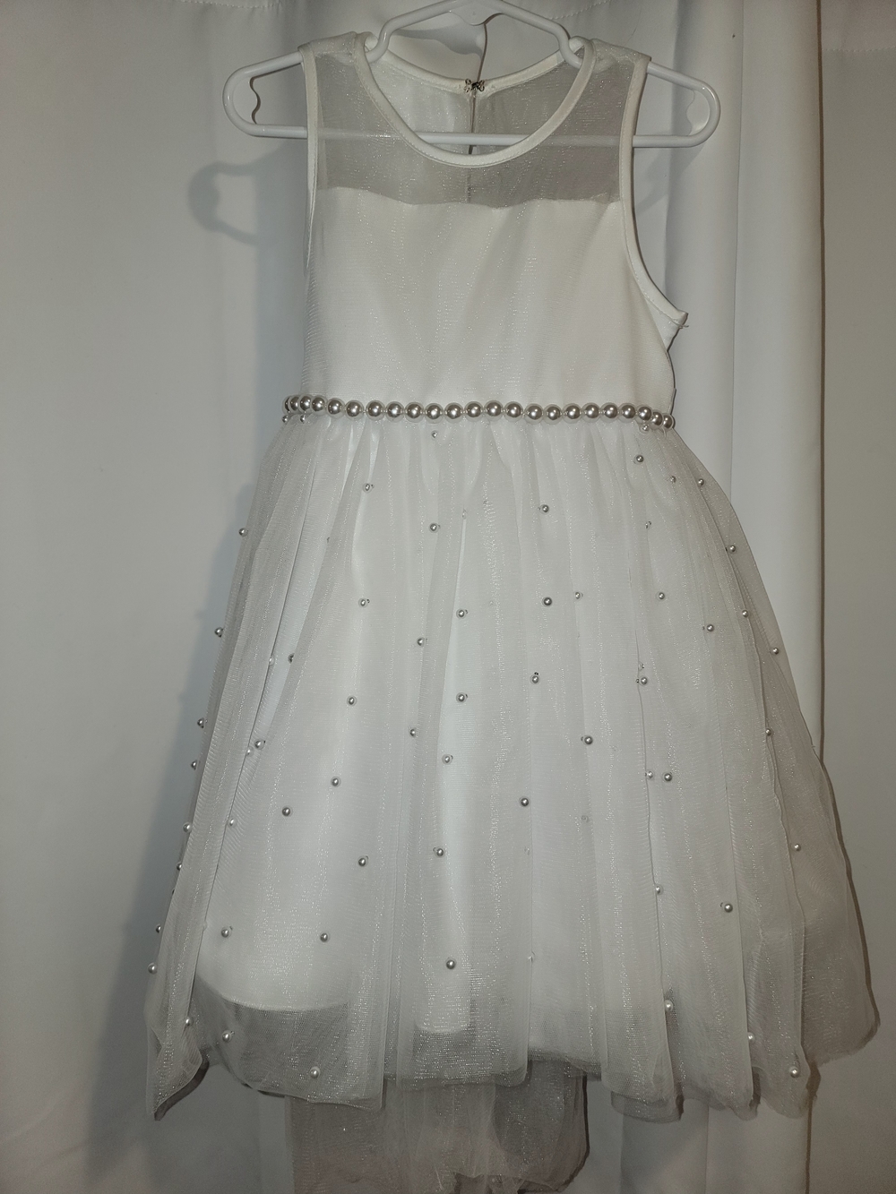 White Pearl-Embellished Tulle Party Dress for Girls